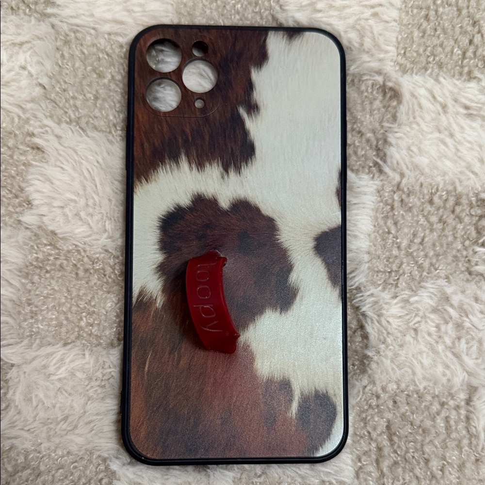 Cow Print iPhone 11 Pro Max Case with Maroon “Loopy” loop